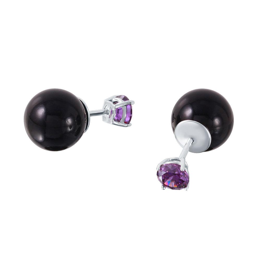 Silver 925 Purple CZ Black Synthetic Pearl Front and Back Earrings - STE01000FEB | Silver Palace Inc.