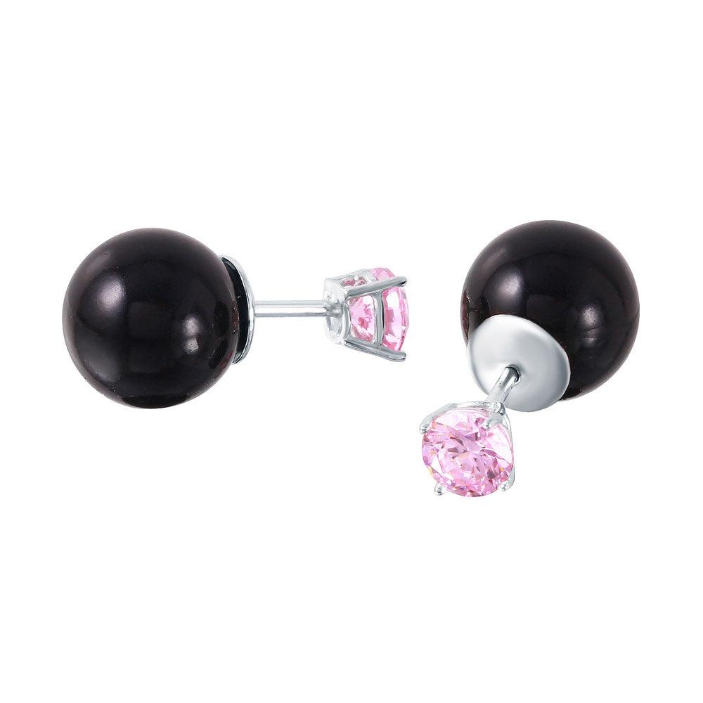 Silver 925 Pink CZ Black Synthetic Pearl Front and Back Earrings - STE01000OCT | Silver Palace Inc.