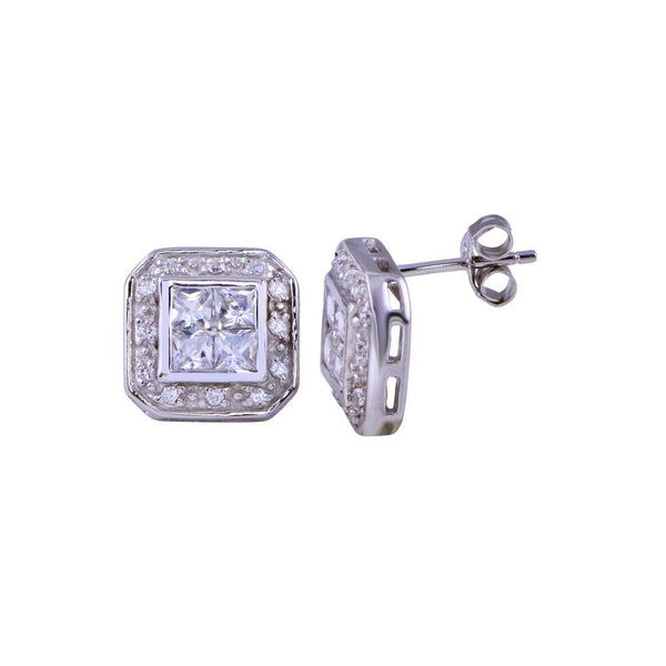 Closeout-Rhodium Plated 925 Sterling Silver Square Halo Clear CZ Stud Earrings - STEM009 | Silver Palace Inc.