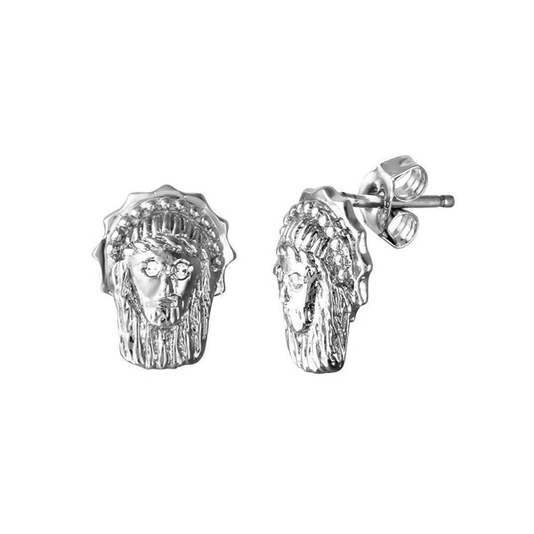 Closeout-Rhodium Plated 925 Sterling Silver Jesus Face Clear CZ Stud Earrings - STEM017 | Silver Palace Inc.