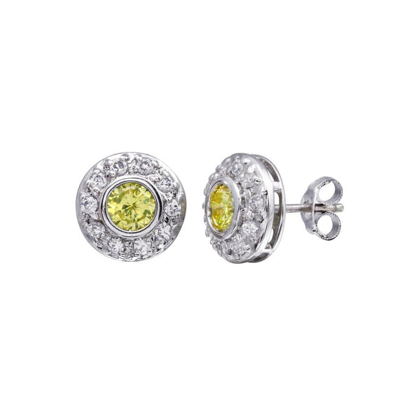 Closeout-Rhodium Plated 925 Sterling Silver Round Halo Yellow and Clear CZ Stud Earrings - STEM057 | Silver Palace Inc.