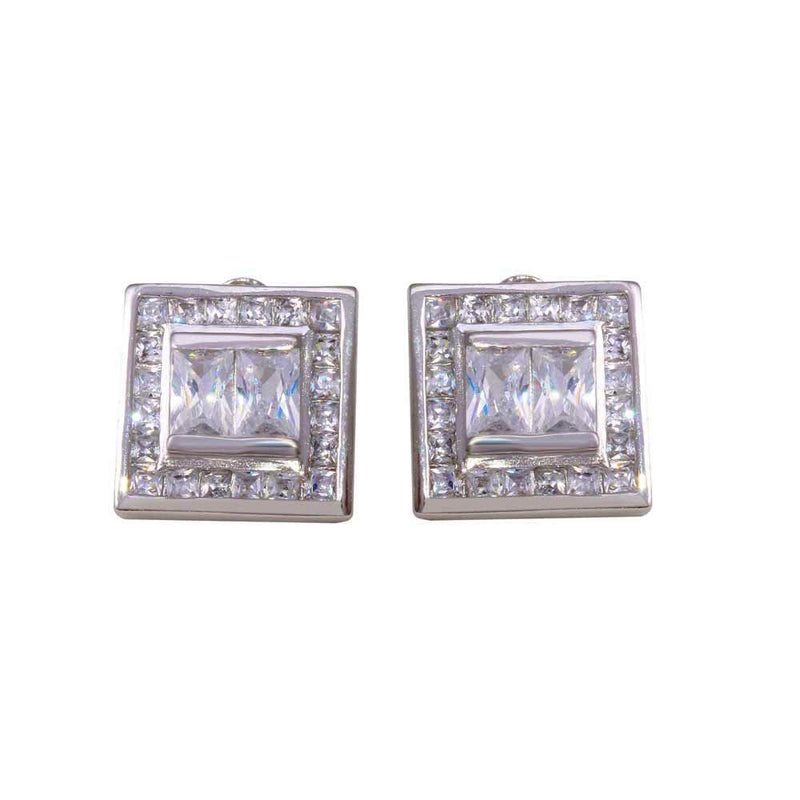 Closeout-Rhodium Plated 925 Sterling Silver Square Clear CZ Stud Earrings - STEM108 | Silver Palace Inc.