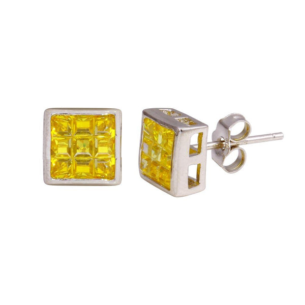 Closeout-Rhodium Plated 925 Sterling Silver Square DC Yellow CZ Stud Earrings - STEM150-7MM | Silver Palace Inc.