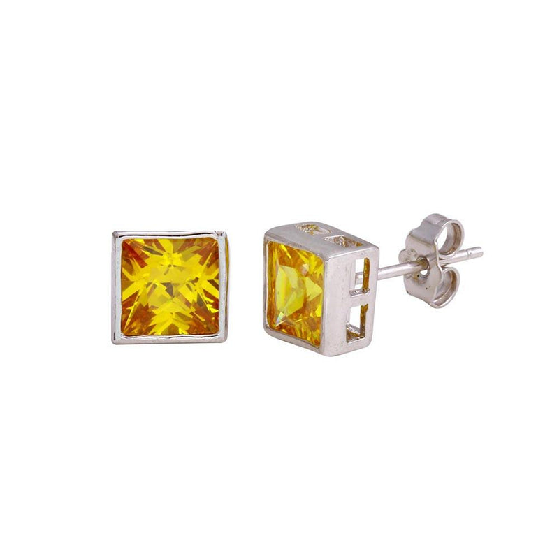 Closeout-Rhodium Plated 925 Sterling Silver Square Yellow CZ Stud Earrings - STEM151-5MM | Silver Palace Inc.