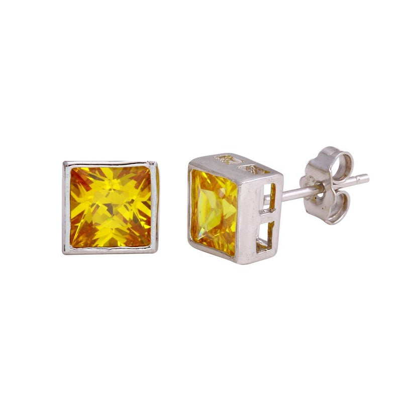 Closeout-Rhodium Plated 925 Sterling Silver Square Yellow CZ Stud Earrings - STEM151-7MM | Silver Palace Inc.