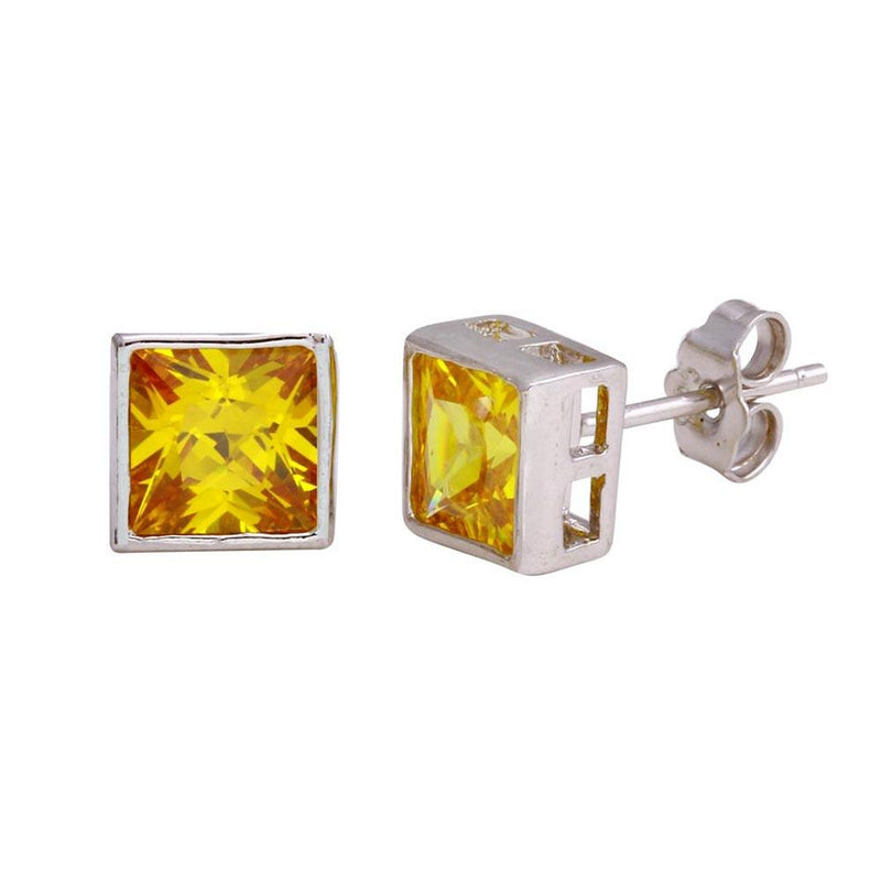 Closeout-Rhodium Plated 925 Sterling Silver Square Yellow CZ Stud Earrings - STEM151-9MM | Silver Palace Inc.