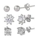 Silver 925 Rhodium Plated Plain Bead Round Stud and CZ Flower Stud Set - STES00004 | Silver Palace Inc.