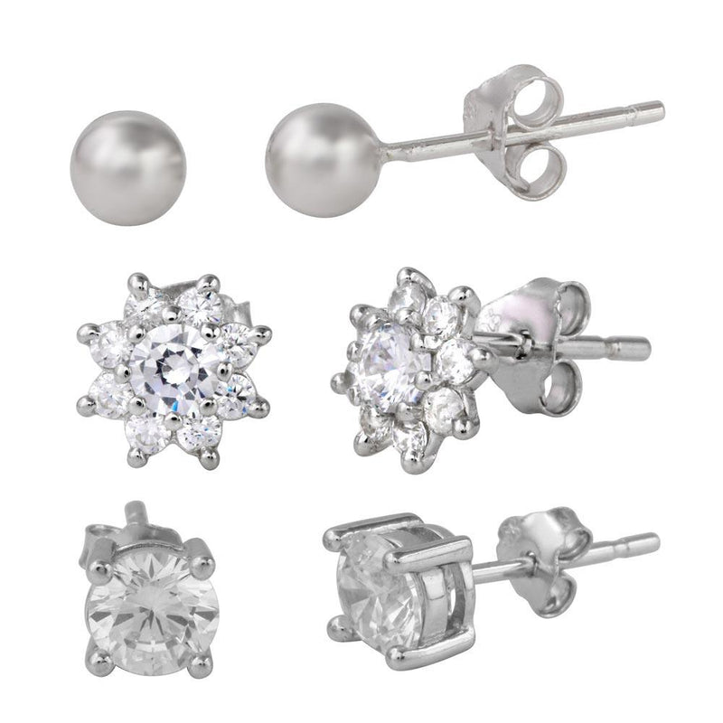 Silver 925 Rhodium Plated Plain Bead Round Stud and CZ Flower Stud Set - STES00004 | Silver Palace Inc.