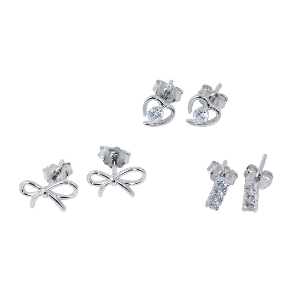 Rhodium Plated 925 Sterling Silver Heart Bow and Bar CZ Earrings Set - STES00010 | Silver Palace Inc.