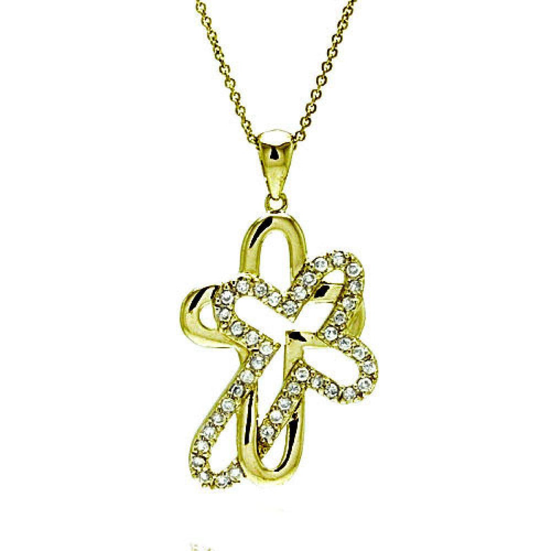 Closeout-Silver 925 Clear CZ Gold Plated Double Cross Pendant Necklace - STP00008GP | Silver Palace Inc.