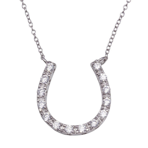 Silver 925 Clear CZ Rhodium Plated Horse Shoe Pendant Necklace - STP00045 | Silver Palace Inc.