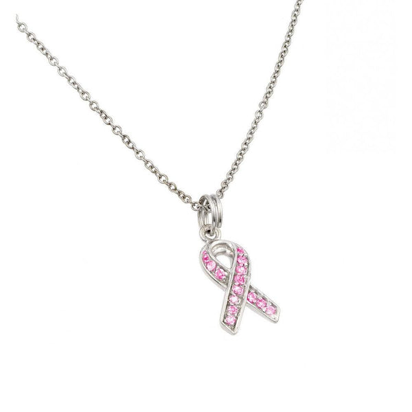 Silver 925 Pink CZ Rhodium Plated Ribbon Pendant Necklace - STP00060PNK | Silver Palace Inc.