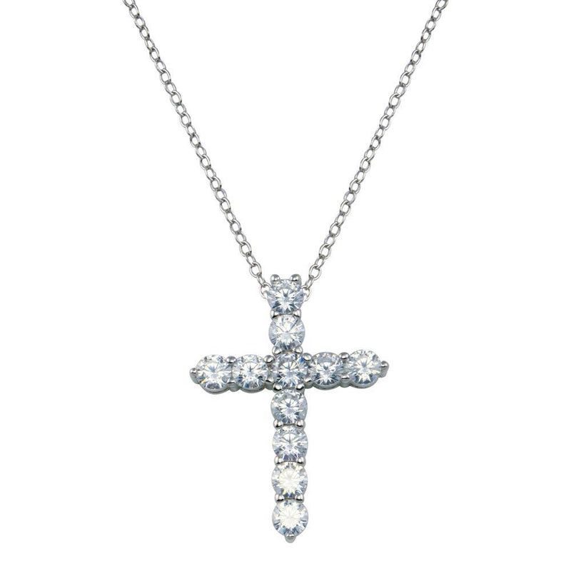 Silver 925 Clear CZ Rhodium Plated Classic Cross Pendant Necklace - STP00097 | Silver Palace Inc.
