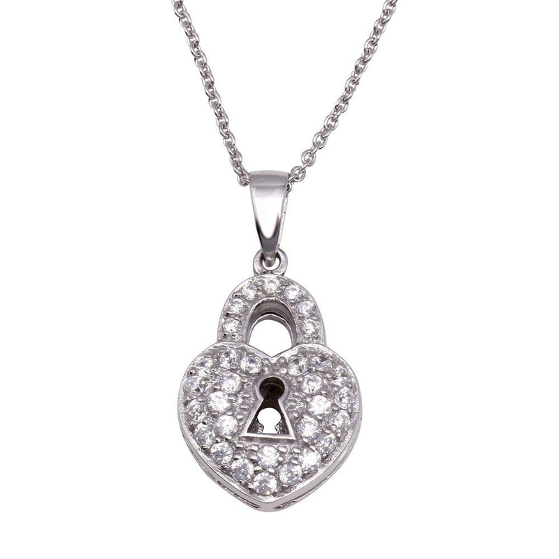 Silver 925 Clear CZ Rhodium Plated Key Hole Heart Pendant Necklace - STP00112 | Silver Palace Inc.