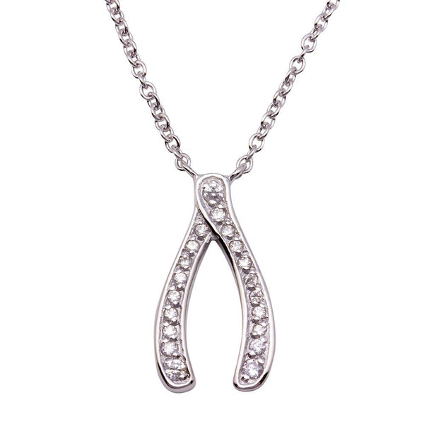 Silver 925 Clear CZ Rhodium Plated Wishbone Pendant Necklace - STP00203 | Silver Palace Inc.