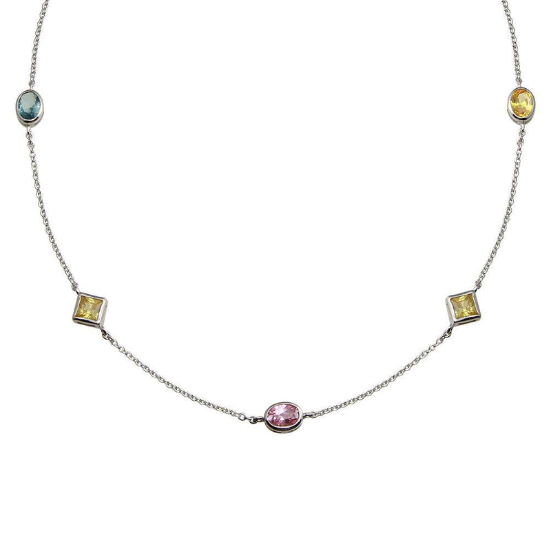 Rhodium Plated 925 Sterling Silver Multi Color and Shape CZ Necklace - STP00268 | Silver Palace Inc.