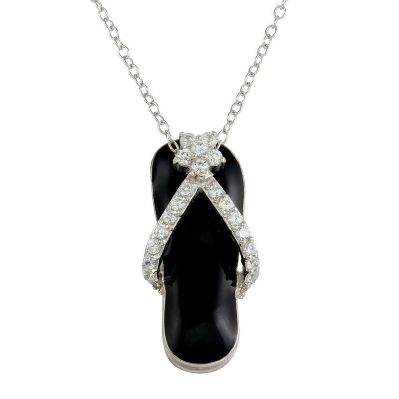 Silver 925 Rhodium Plated Black Flip-Flop Necklace with CZ - STP00402BLK | Silver Palace Inc.