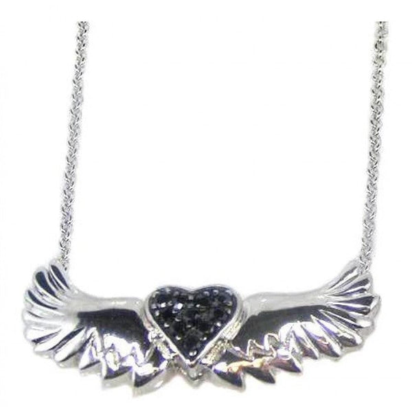 Silver 925 Rhodium Plated Winged Black Heart CZ Necklace - STP00543BLK | Silver Palace Inc.