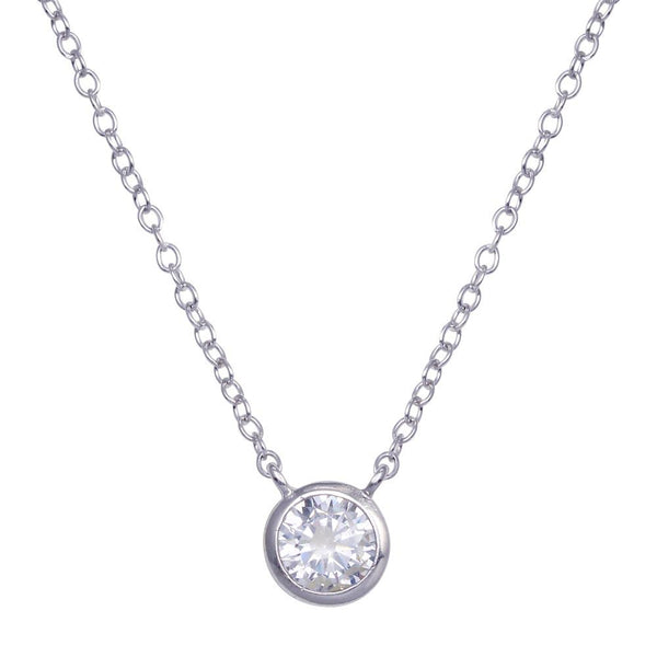 Silver 925 Rhodium Plated One Round CZ Necklace - STP00593 | Silver Palace Inc.