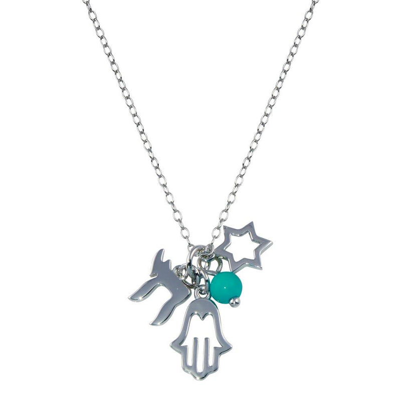 Silver 925 Rhodium Plated Clear CZ Hamsa Star Blue Bead Pendant Necklace - STP00710 | Silver Palace Inc.