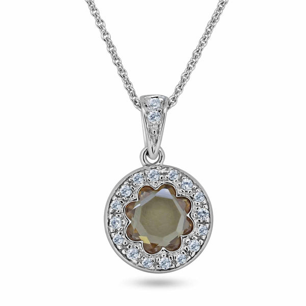 Closeout-Rhodium Plated 925 Sterling Silver Flower Champagne CZ Necklace - STP00797CHM | Silver Palace Inc.