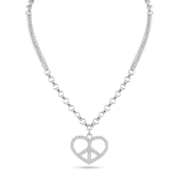 Rhodium Plated 925 Sterling Silver Double Chain Heart Peace Clear CZ Necklace - STP00867 | Silver Palace Inc.
