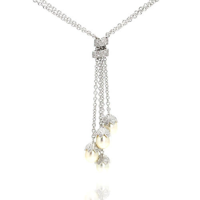 Silver 925 Rhodium Plated Pearl Drops CZ Pendant Necklace - STP00928 | Silver Palace Inc.