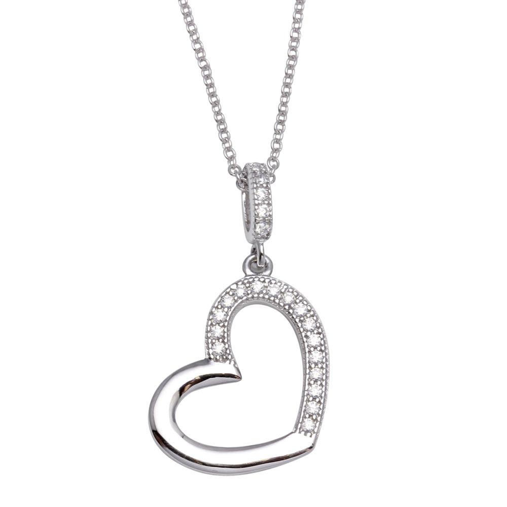 Silver 925 Rhodium Plated Open Heart Necklace with CZ - STP01352 | Silver Palace Inc.