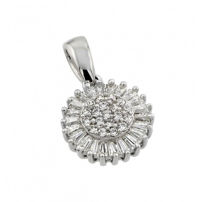Silver 925 Rhodium Plated Clear Cluster and Baguette CZ Flower Pendant Necklace - STP01370 | Silver Palace Inc.