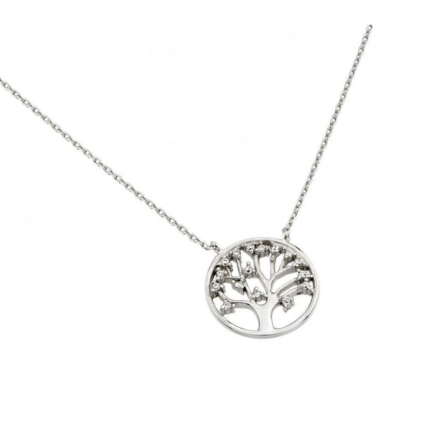 Silver 925 Rhodium Plated Clear CZ Round Tree Pendant Necklace - STP01378 | Silver Palace Inc.