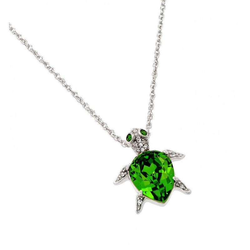 Silver 925 Rhodium Plated Clear and Green CZ Turtle Pendant Necklace - STP01390 | Silver Palace Inc.