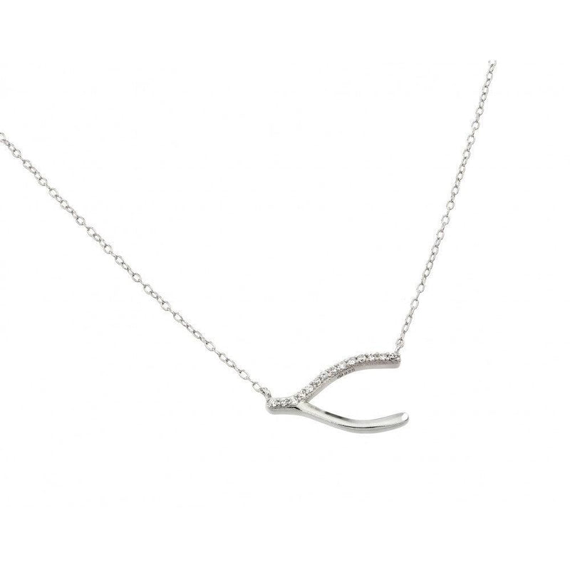 Silver 925 Rhodium Plated Clear CZ Wishbone Pendant Necklace - STP01393 | Silver Palace Inc.
