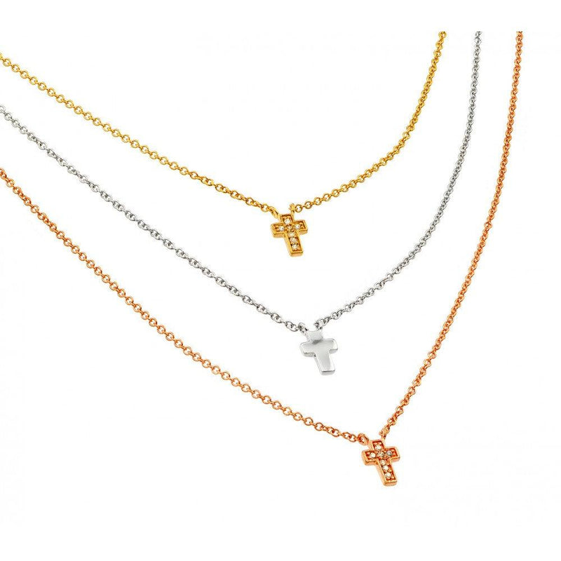 Silver 925 Rhodium Gold and Rose Gold Plated Clear CZ Cross Pendants Necklace - STP01403 | Silver Palace Inc.