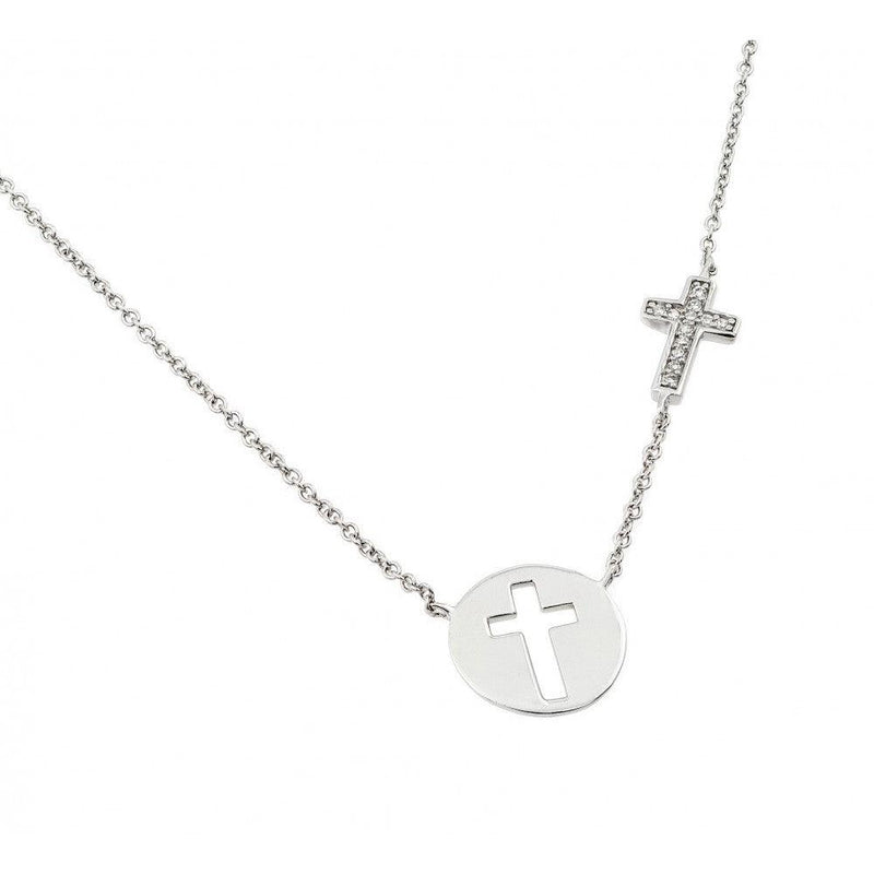 Silver 925 Rhodium Plated Clear CZ Cross Cutout Pendant Necklace - STP01405 | Silver Palace Inc.