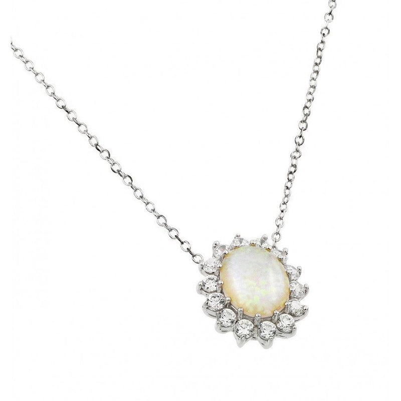 Silver 925 Rhodium Plated Clear CZ Sunflower Oval Opal Cluster Pendant Necklace - STP01409 | Silver Palace Inc.