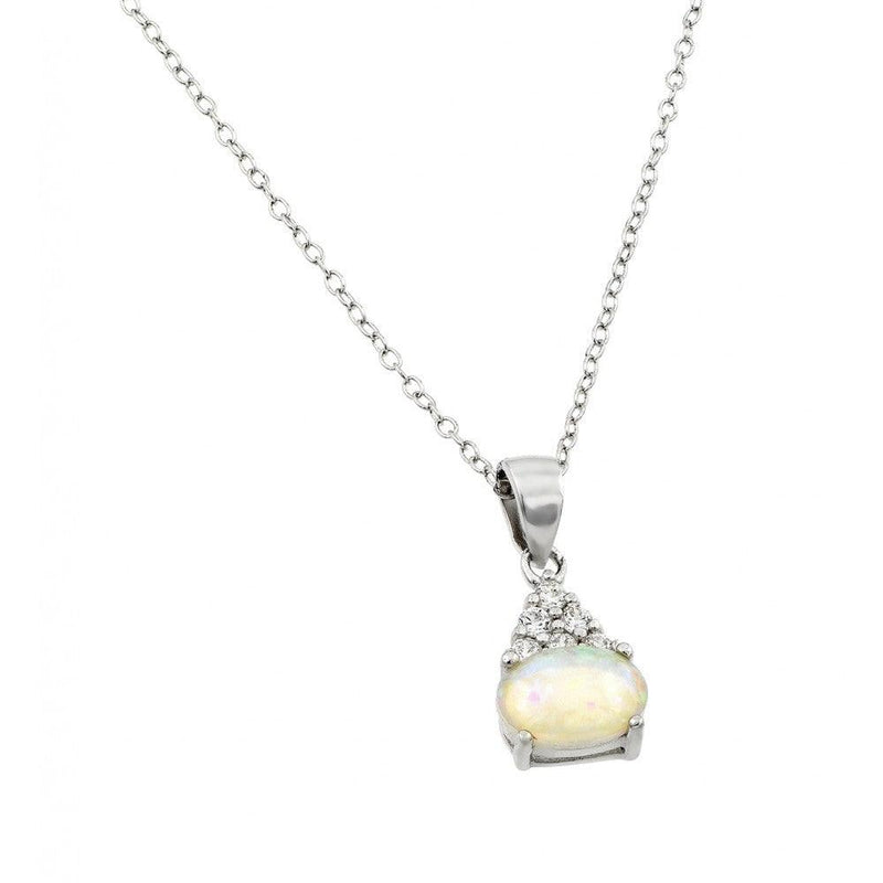Silver 925 Rhodium Plated Clear CZ and Oval Opal Pendant Necklace - STP01411 | Silver Palace Inc.
