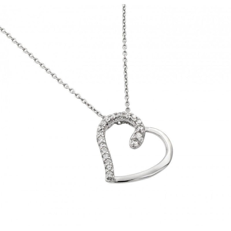 Silver 925 Rhodium Plated Clear CZ Heart Pendant Necklace - STP01414 | Silver Palace Inc.