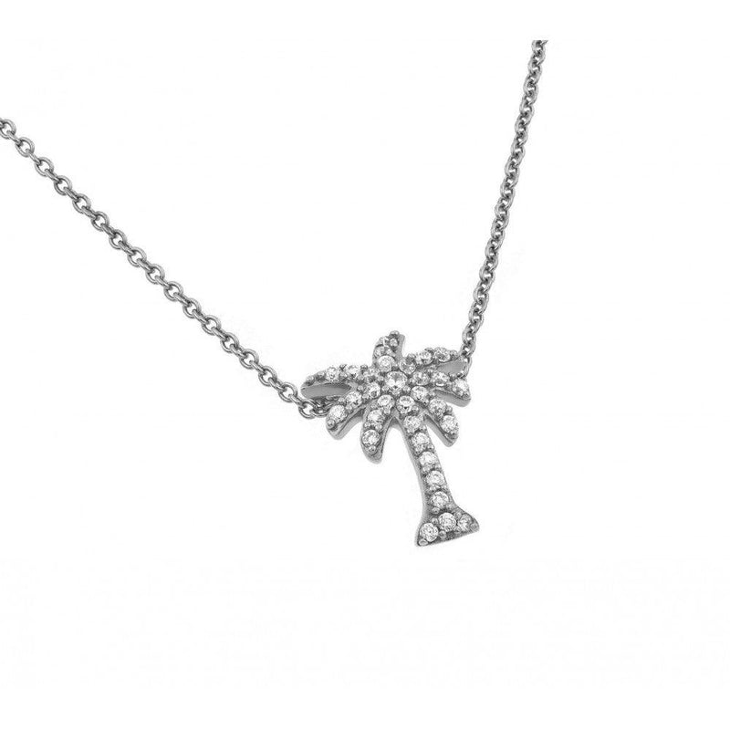 Silver 925 Rhodium Plated Clear CZ Palm Tree Pendant Necklace - STP01425 | Silver Palace Inc.