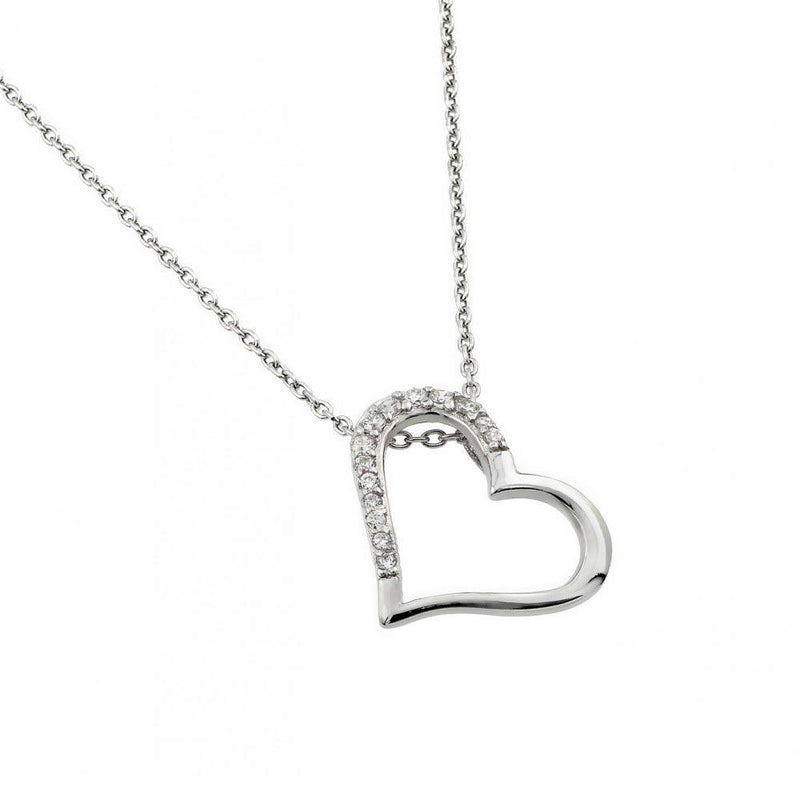 Silver 925 Rhodium Plated Clear CZ Slanted Heart Pendant Necklace - STP01432 | Silver Palace Inc.