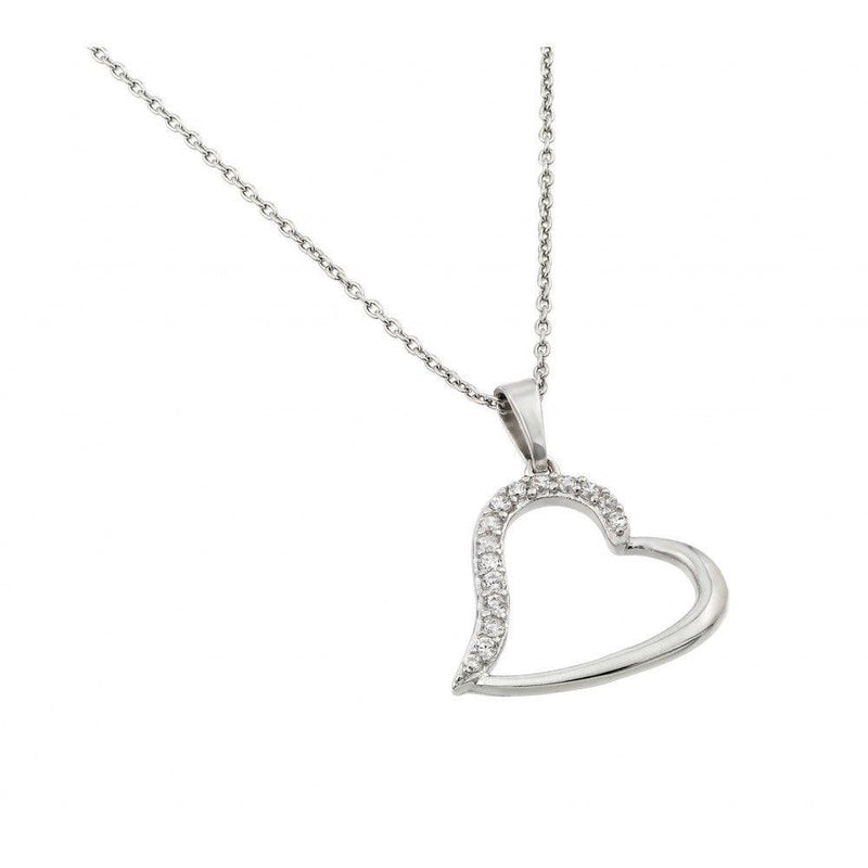 Silver 925 Rhodium Plated Clear CZ Slanted Heart Pendant Necklace - STP01433 | Silver Palace Inc.