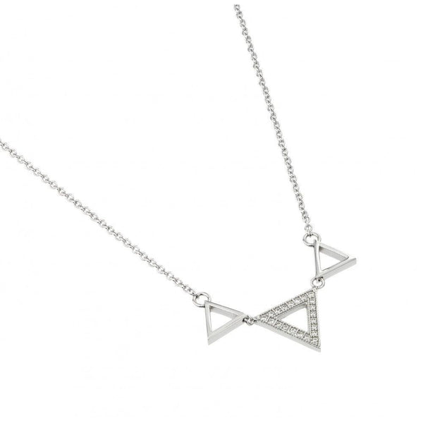 Silver 925 Rhodium Plated Clear CZ Triple Triangle Pendant Necklace - STP01442 | Silver Palace Inc.