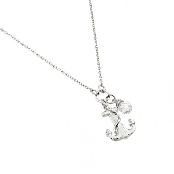 Silver 925 Rhodium Plated Clear CZ Anchor Pendant Necklace - STP01449 | Silver Palace Inc.