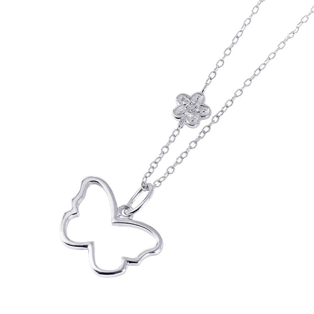 Silver 925 Rhodium Plated Open Butterfly with Flower CZ Necklace
