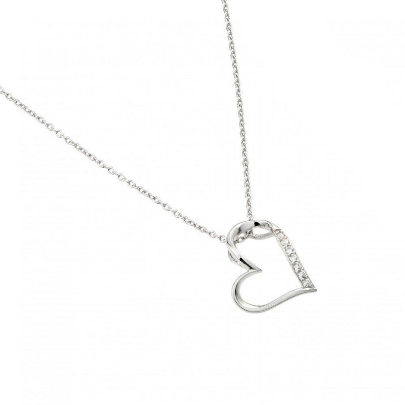 Silver 925 Rhodium Plated Slanted Heart Pendant Necklace - STP01457 | Silver Palace Inc.
