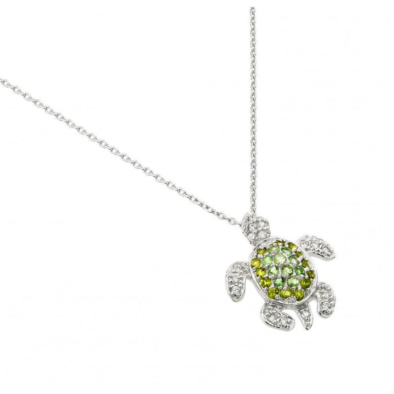 Silver 925 Rhodium Plated Green CZ Turtle Pendant Necklace - STP01461 | Silver Palace Inc.