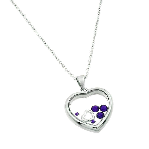 Rhodium Plated 925 Sterling Silver CZ February Birthstone Glass Heart Necklace - STP01469FEB | Silver Palace Inc.