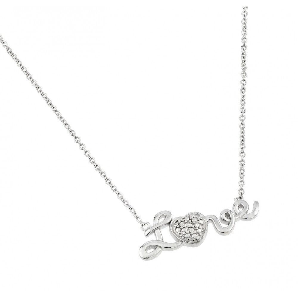 Silver 925 Rhodium Plated Textured Heart and Love Pendant Necklace - STP01472 | Silver Palace Inc.