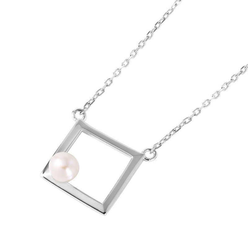 Silver 925 Rhodium Plated Open Square Fresh Water Pearl Necklace - STP01491 | Silver Palace Inc.