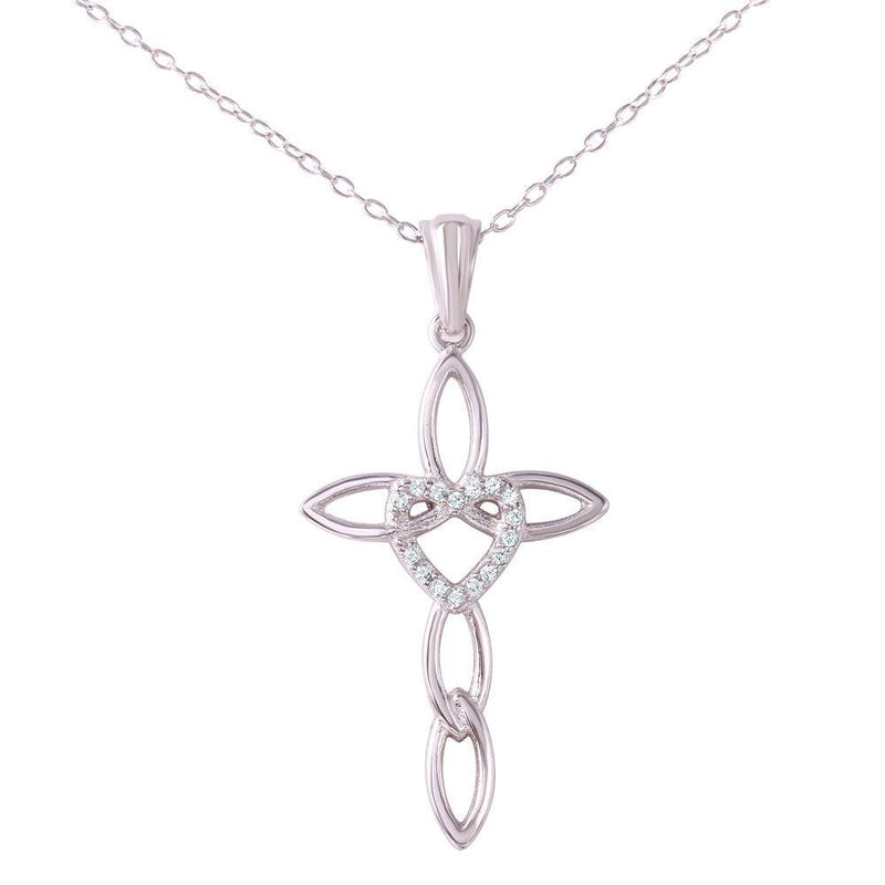 Silver 925 Rhodium Plated CZ Rounded Heart and Cross Pendant Necklace - STP01495 | Silver Palace Inc.