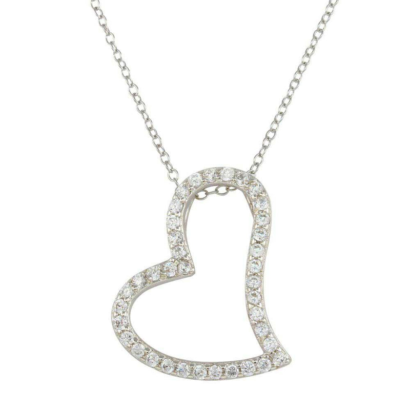 Silver 925 Rhodium Plated Crooked Heart Necklace with CZ - STP01498 | Silver Palace Inc.
